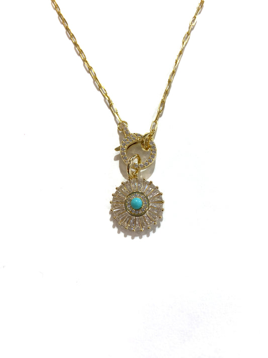 Turquoise & CZ Sunburst Charm Necklace