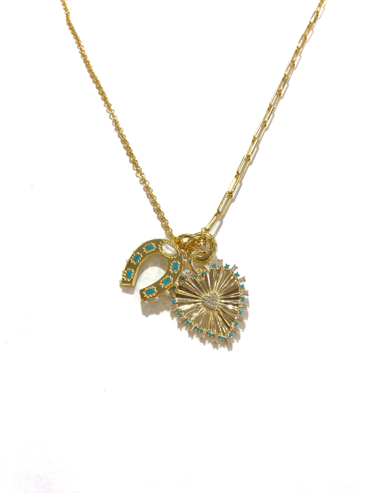 Turquoise Horseshoe and Heart Charm Necklace