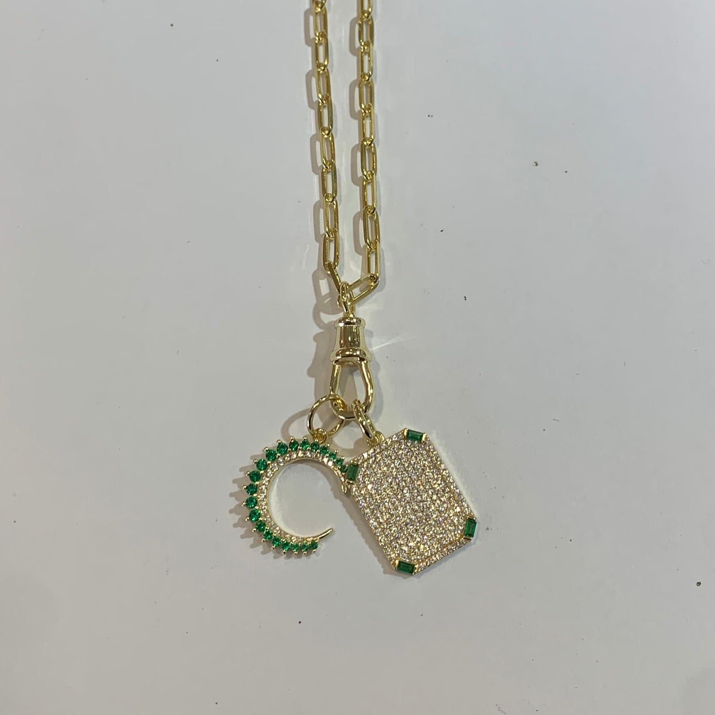 VERMEIL MOON/DOGTAG CHARM NECKLACE WITH EMERALD COLORED STONE